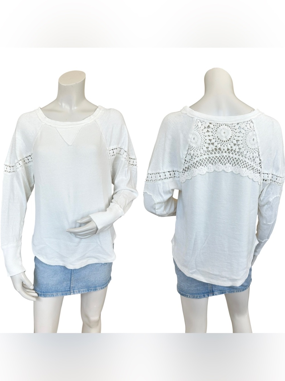 Free People We The Free Luella White Henley Waffle Knit Crochet Print Top Medium